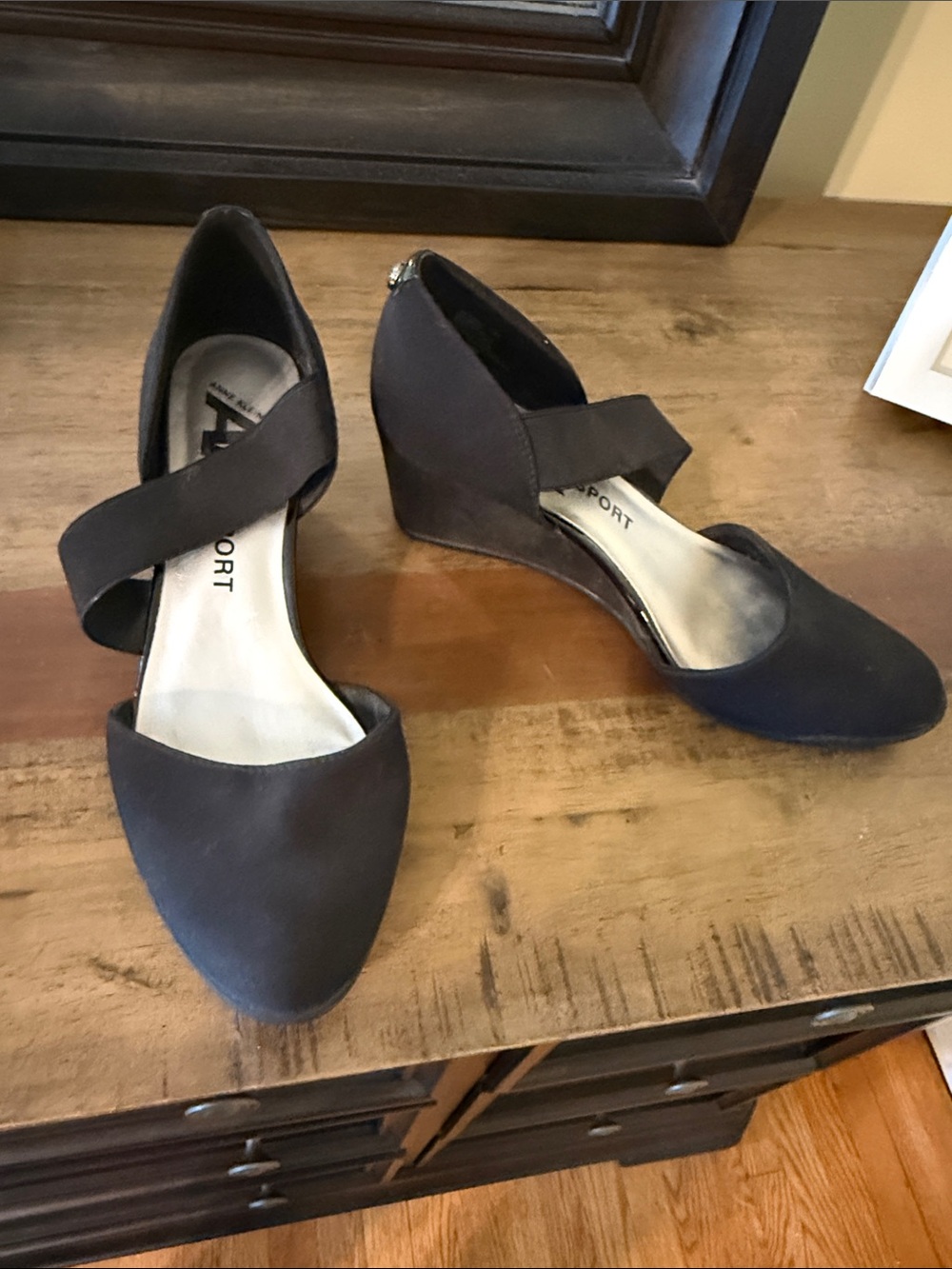 Anne Klein Sport Black Cross-Strap Wedge Pumps